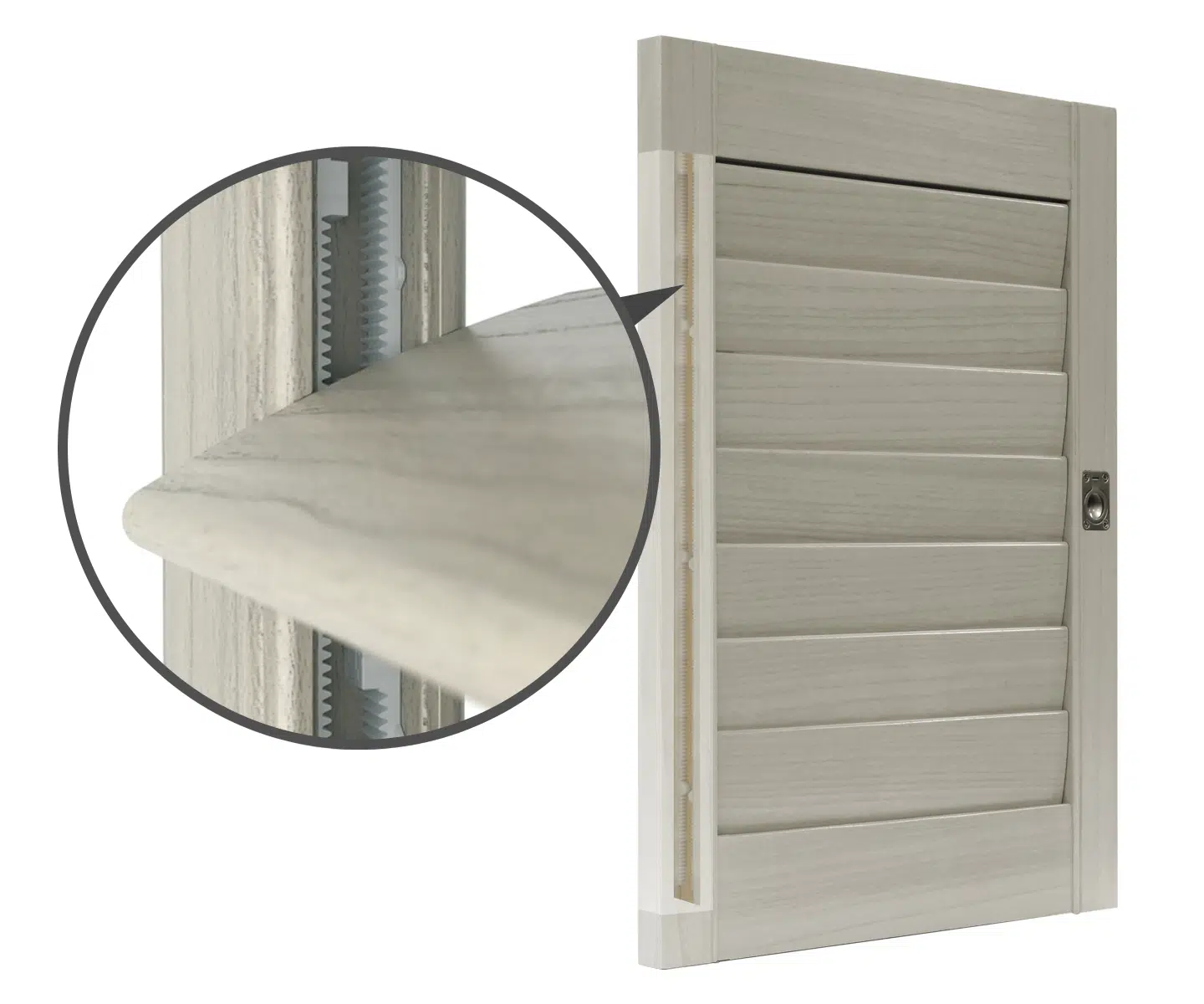 Close up of how the InvisibleTilt works on beige shutters