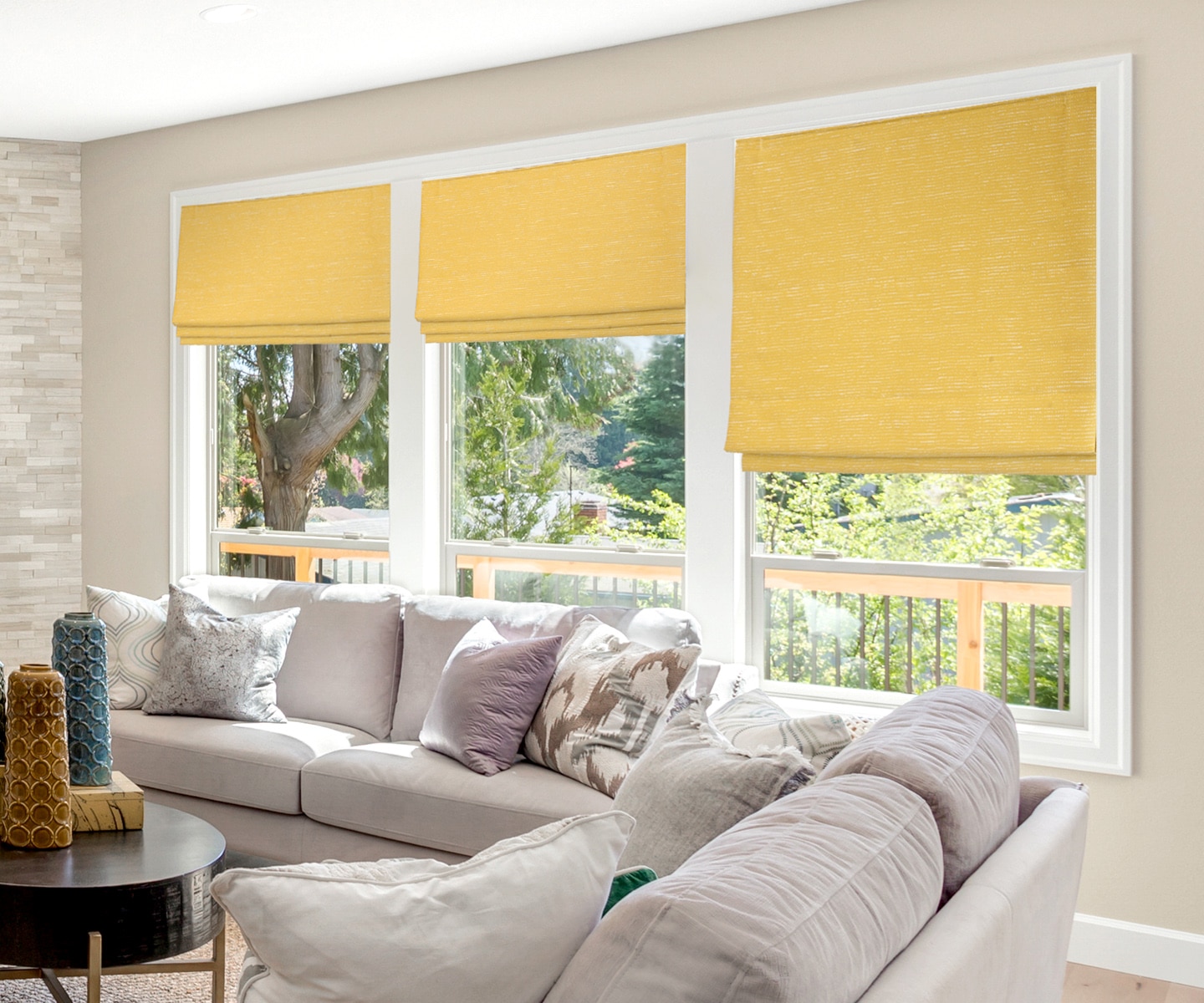 Sunny living room located in Aldie, Va, with yellow Centerpiece Roman Shades