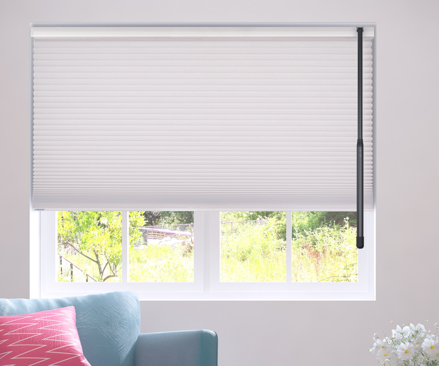 In McLean, VA, clean, white Tri-State Screens with Smart Motorization in a living area