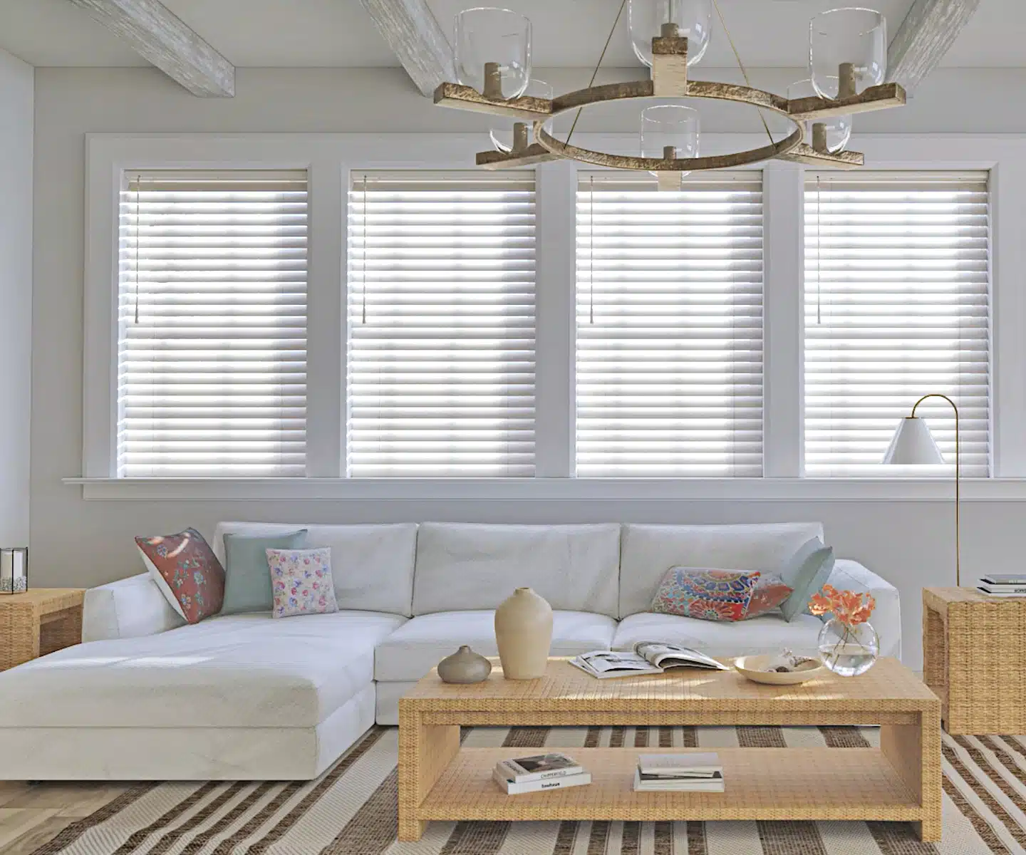 Ultimate Faux Wood, cordless blinds in a minimalist living room near Aldie, Va