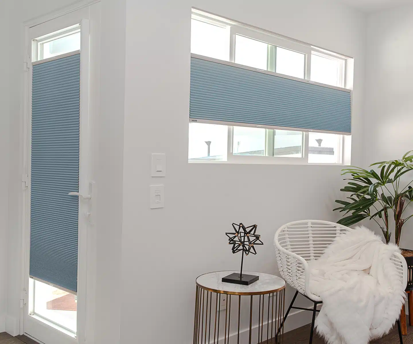 Powder blue, Portrait Honeycomb Shades, provide functionality and the perfect balance of light in a Falls Church, Va home entryway