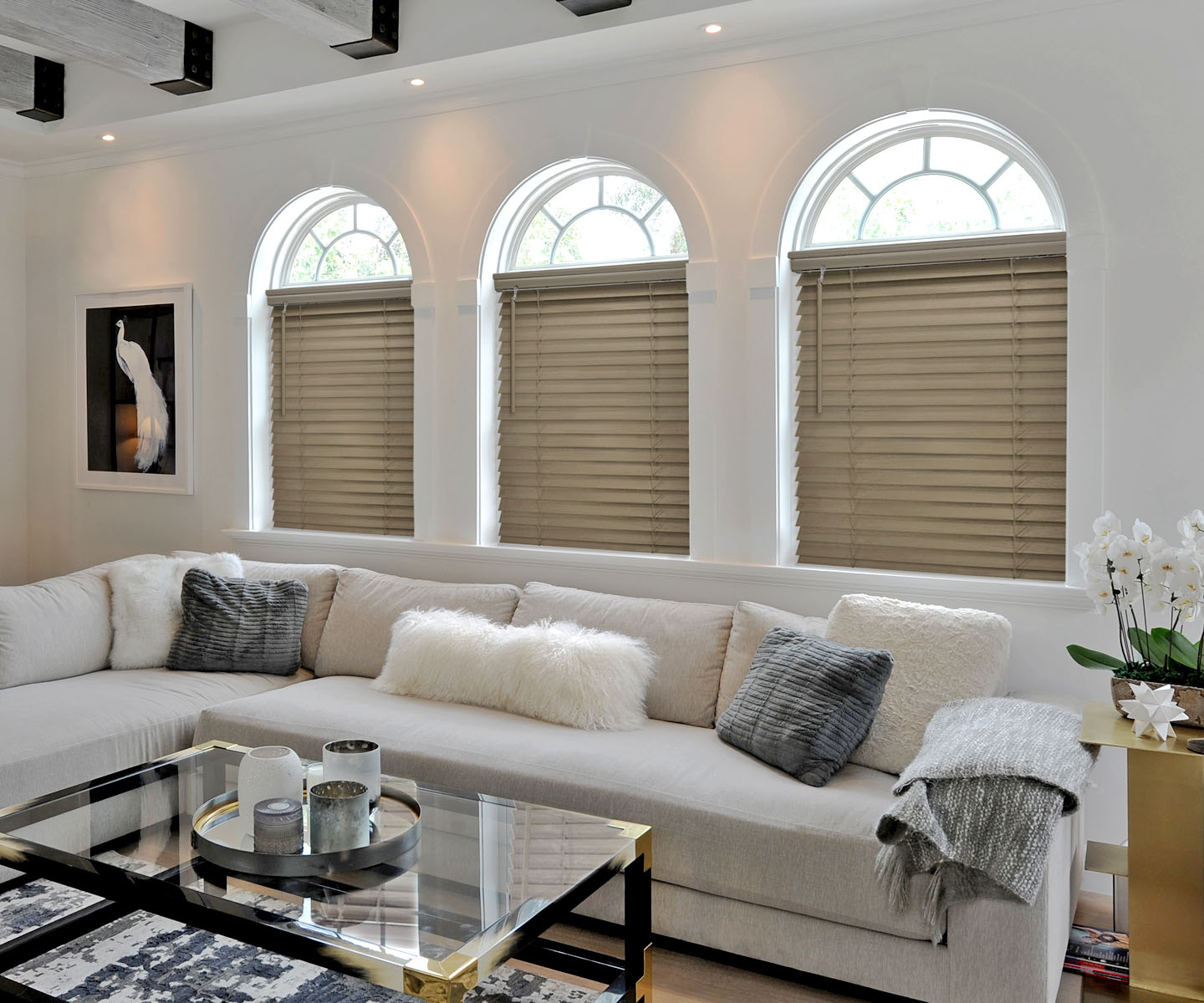 Exquisite Phoenix Wood blinds in a posh living room near Fairfax, Va