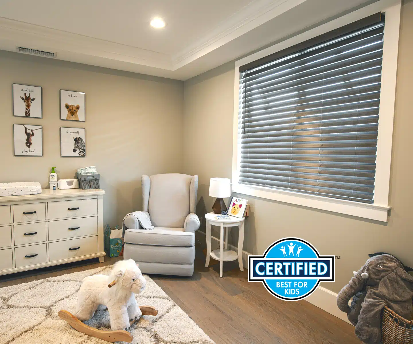 Located in Bethesda, MD, a monochromatic kids room with Cordless blinds